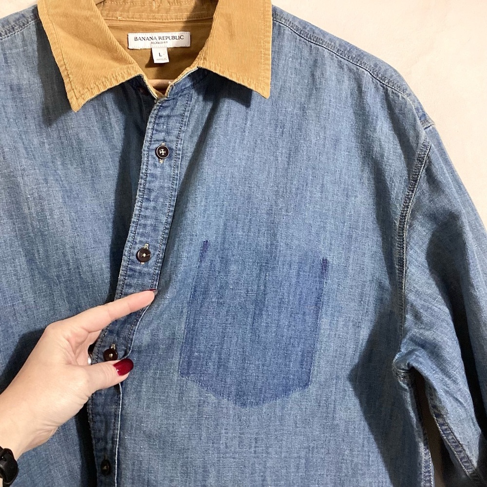 Banana Republic Relaxed Fit Corduroy Trim Chambray Shirt L - Picture 7 of 16